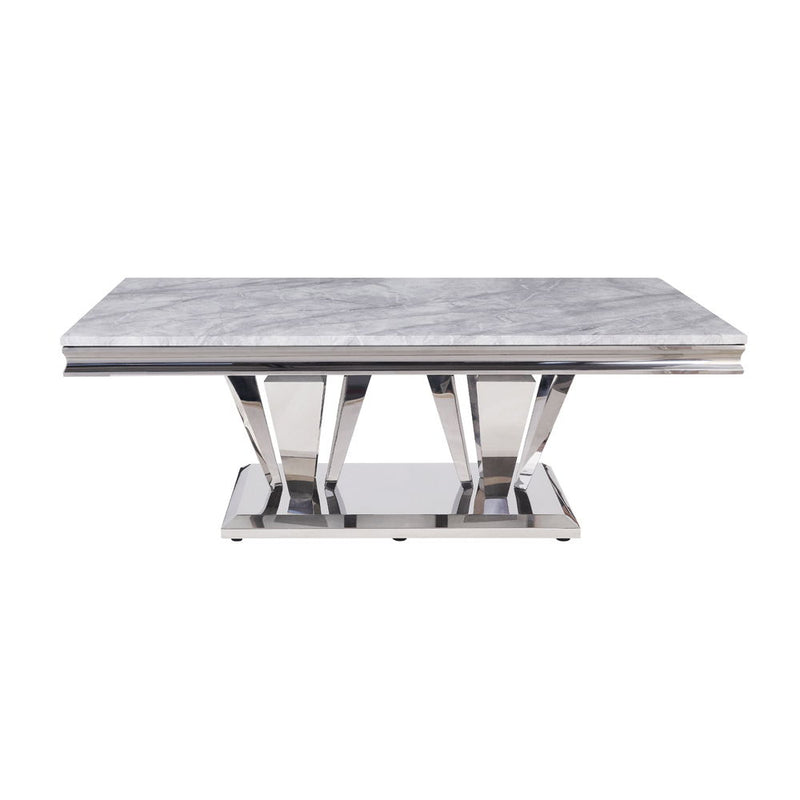 Satinka - Coffee Table - Light Gray Printed Faux Marble Top & Mirrored Silver