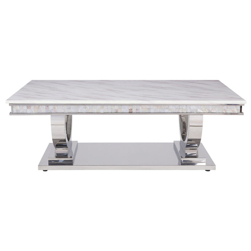 Zander - Coffee Table - White Printed Faux Marble Top & Mirrored Silver
