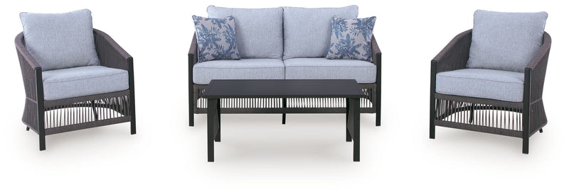 Bridges Beach - Loveseat, Lounge Chairs, Table Set (Set of 4) - Gray