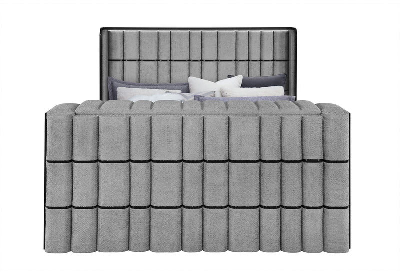 Isabella - King Upholstered Bed With LED, TV Lift, Bluetooth Speaker And Firpeplace Crystal - Gray