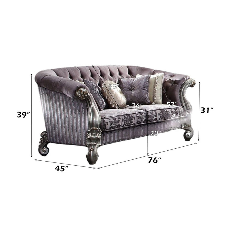 Versailles - Loveseat With 5 Pillows - Velvet & Antique Platinum