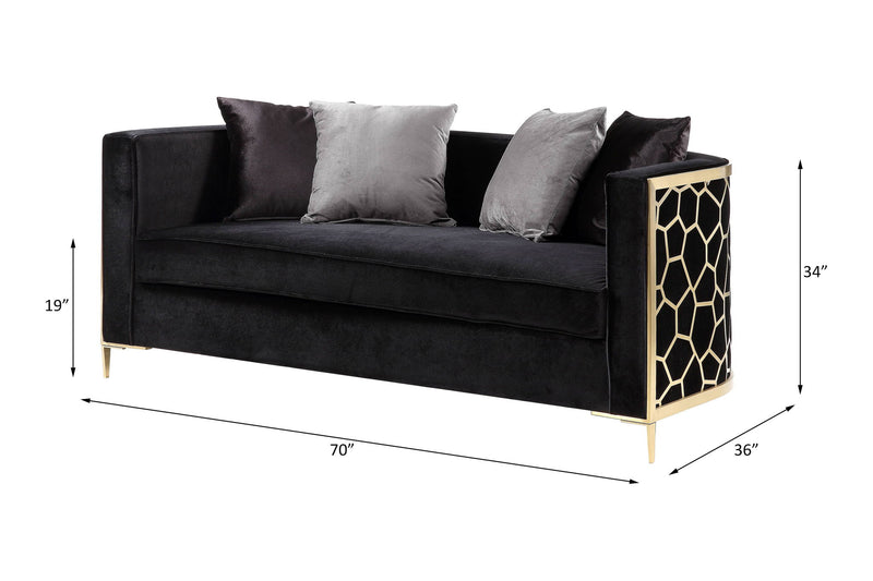 Fergal - Loveseat With 4 Pillows - Black Velvet & Gold