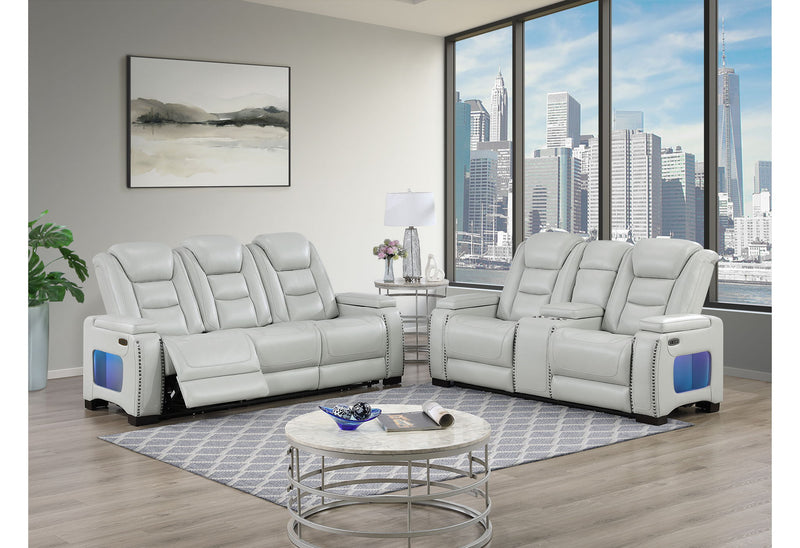 U8609 - Power Reclining Sofa, Power Console Reclining Loveseat With Power Headrest, USB, LED And Bookshelf Arm - Gray