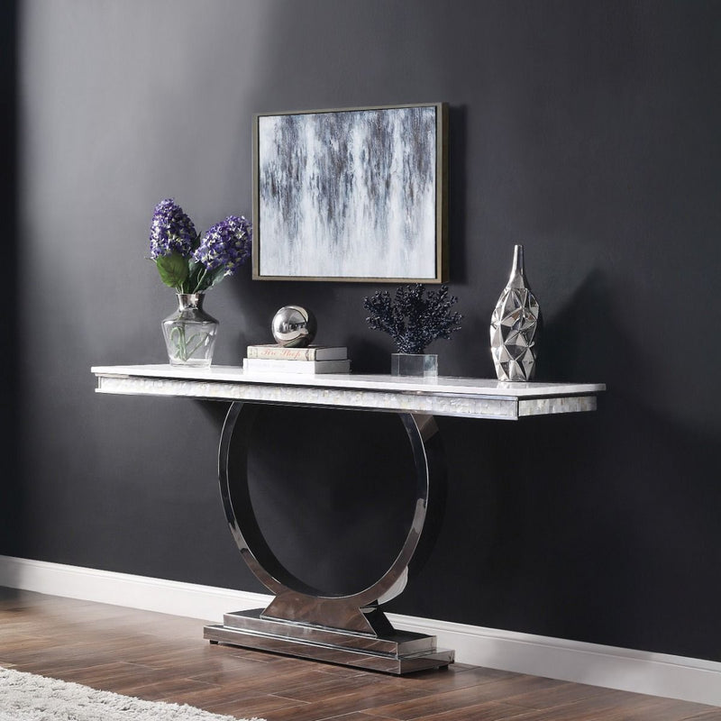 Zander - Sofa Table - White Printed Faux Marble Top & Mirrored Silver