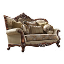 Latisha - Loveseat With 6 Pillows (Same Lv01577) - Tan, Pattern Fabric & Antique Oak