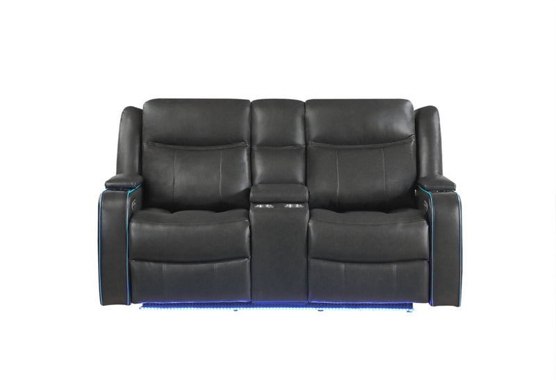 UM2768 - Power Console Reclining Loveseat With Power Headrest, LED Lights, LED Welt Storage Arms, LED Cupholders And USB A/C - Charcoal