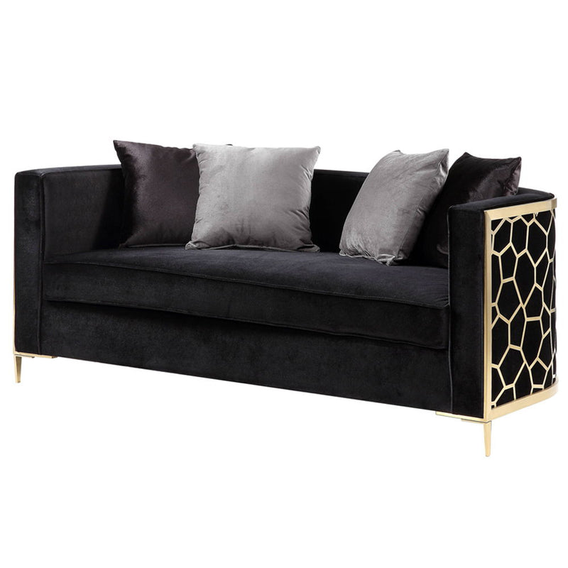 Fergal - Loveseat With 4 Pillows - Black Velvet & Gold